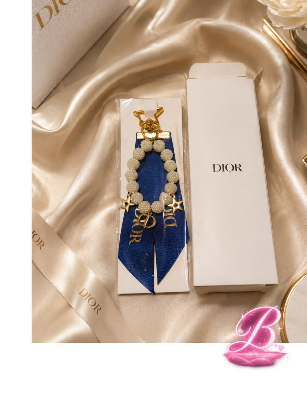 DIOR Blue and white Ribbon And Beaded Bag Charm With Gold Hardware NIB